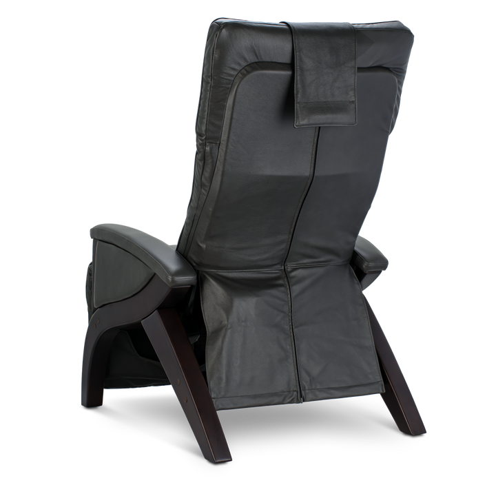 Svago Newton Zero Gravity Recliner in black leather, back view with dark wood legs and armrests.