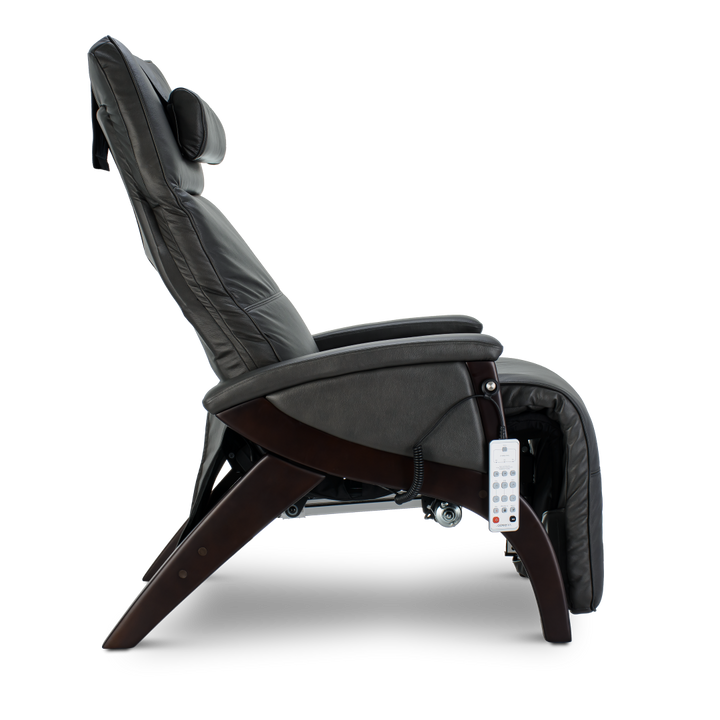 Side view of the Svago Newton Zero Gravity Recliner in black with wooden legs and remote.