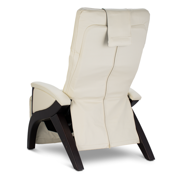 Svago Newton Zero Gravity Recliner in cream with dark wood legs, viewed from the back.