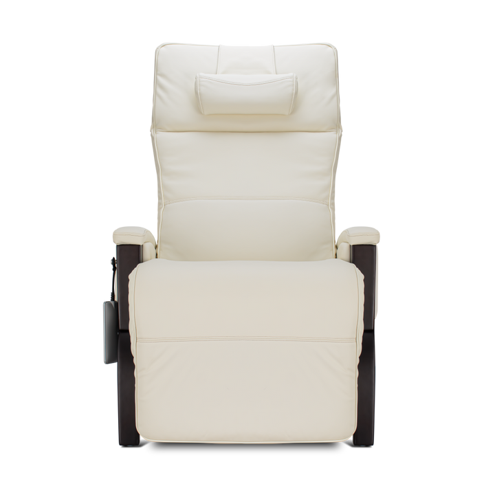 Front view of Svago Newton Zero Gravity Recliner in cream with dark wooden armrests.