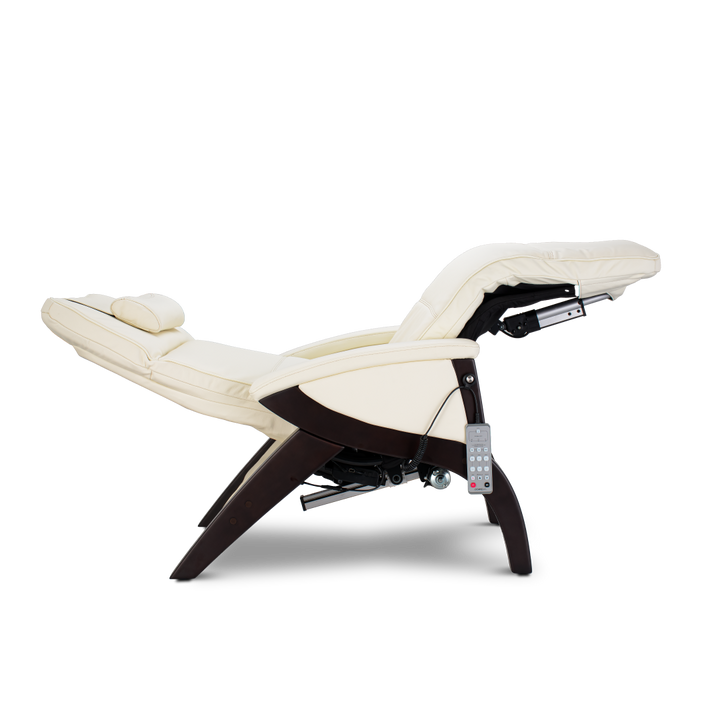 Svago Newton Zero Gravity Recliner in cream leather, memory foam, remote, side view, reclined.