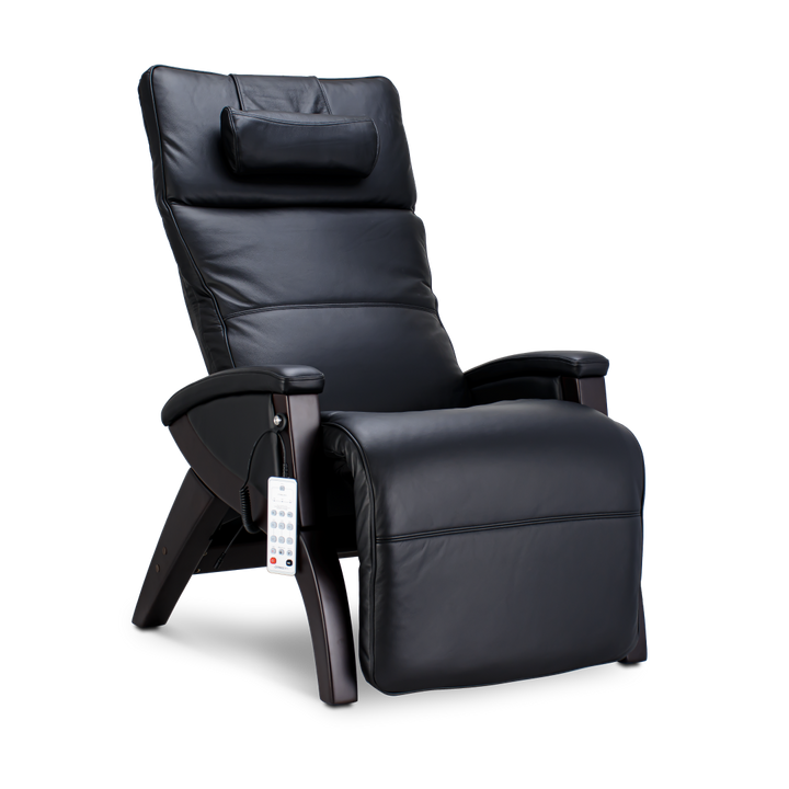 Svago Newton Zero Gravity Recliner: black leather, remote, headrest, wood armrests.
