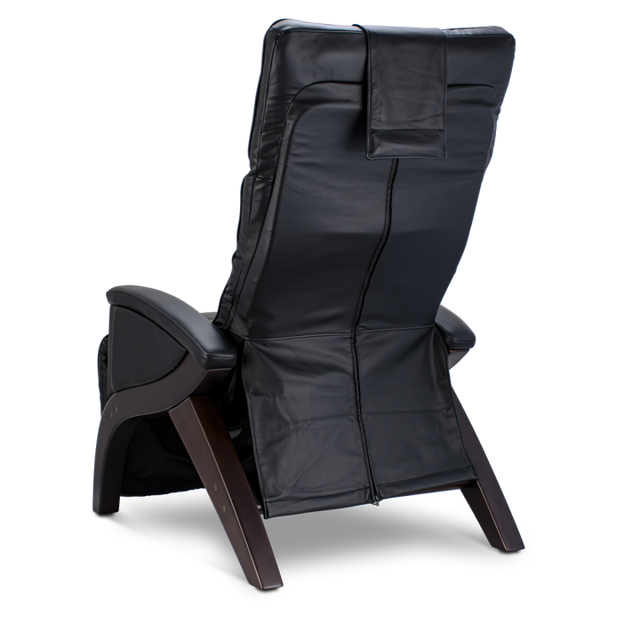 Svago Newton Zero Gravity Recliner in black leather and wood, shown from the back angle.