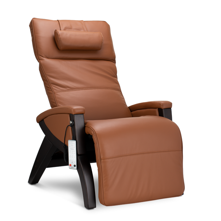 Svago Newton Zero Gravity Recliner: brown leather, memory foam, headrest, armrest remote.