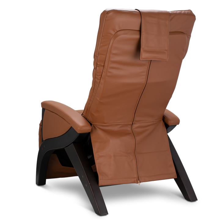 Svago Newton Zero Gravity Recliner in brown leather with dark wood legs, rear view.