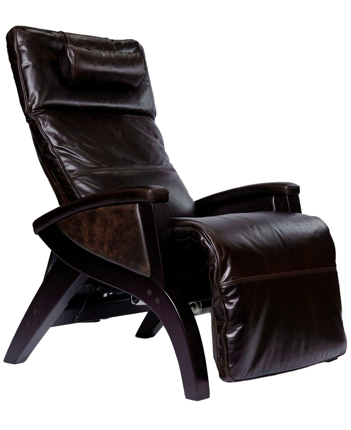 Svago Newton zero gravity recliner in dark brown leather with wood frame and padded headrest.