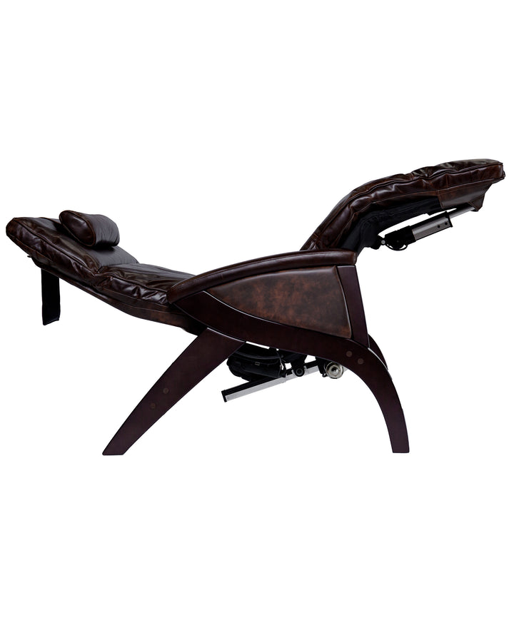 Svago Newton dark brown zero gravity recliner with adjustable headrest and leg support, side view.