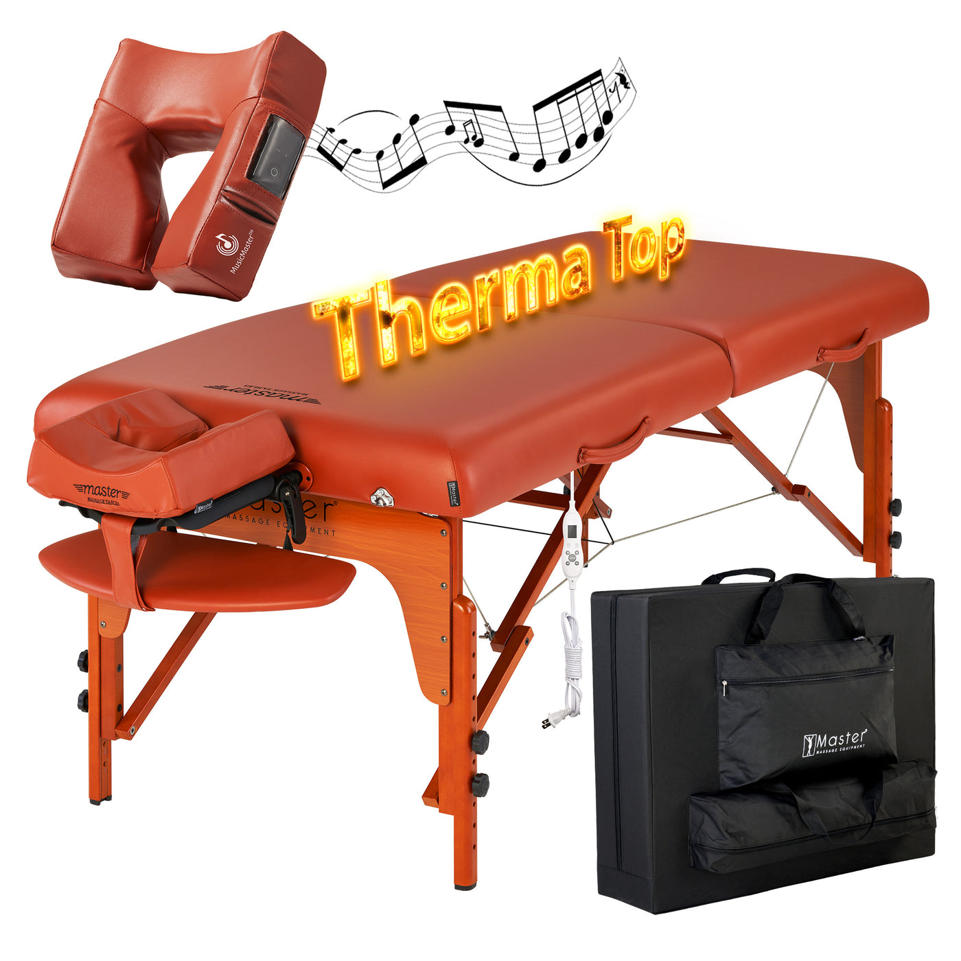 Master Massage SANTANA Therma-Top table with accessories, memory foam, and carrying case.