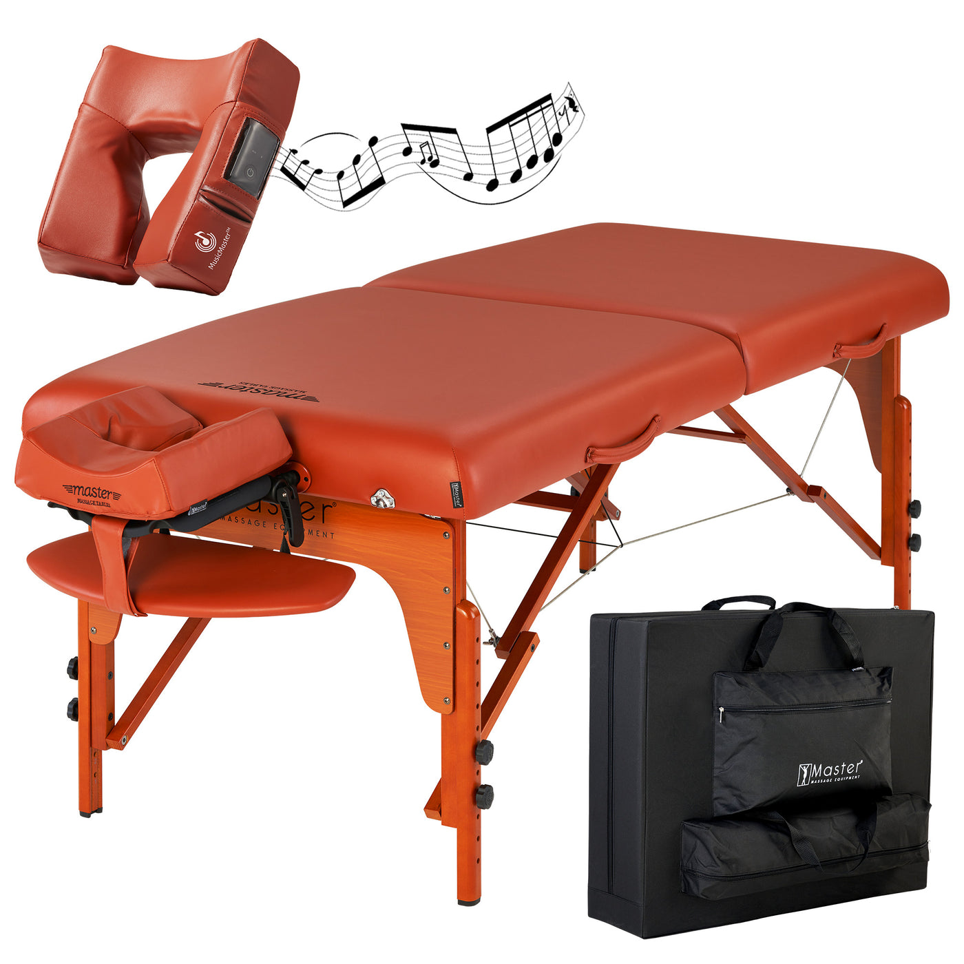 Master Massage SANTANA extra wide portable table with face cradle, music notes & case shown.