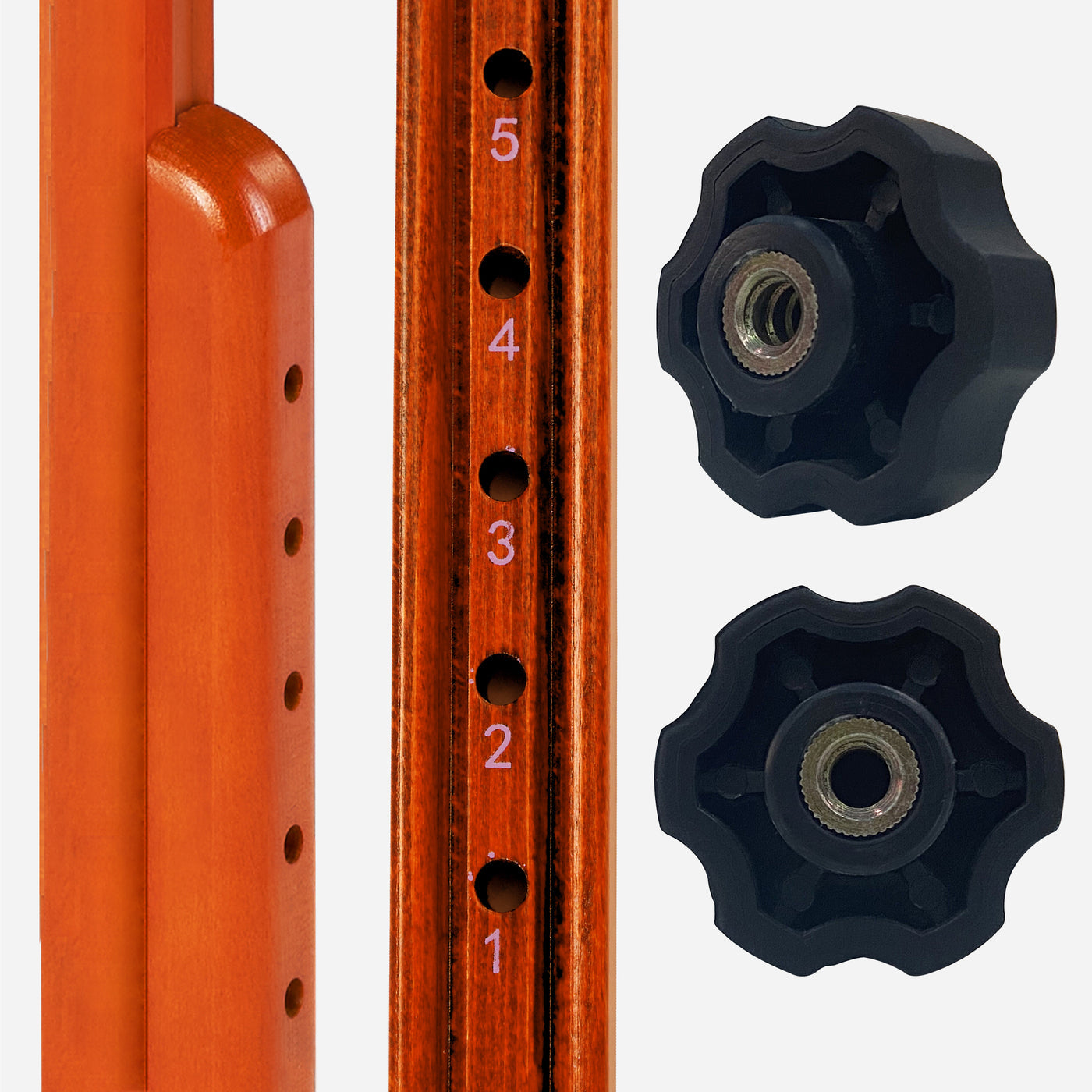 Close-up of Master Massage SANTANA Table’s wooden pole with numbered holes and adjustment knobs.