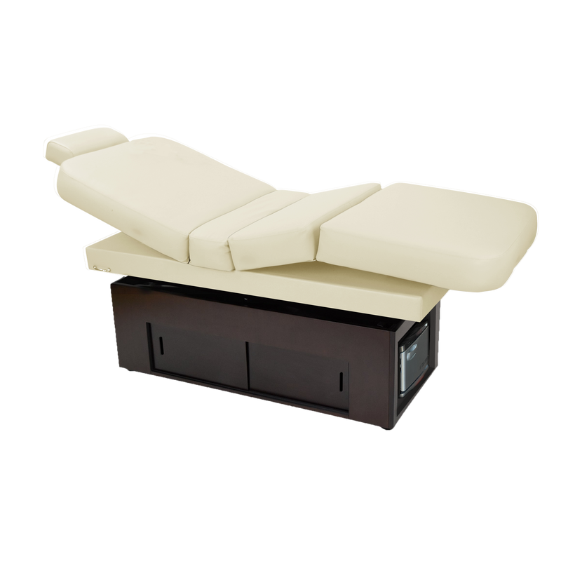 TouchAmerica SANYA POWERTILT massage table with dark wood base, ideal for spa or massage use.