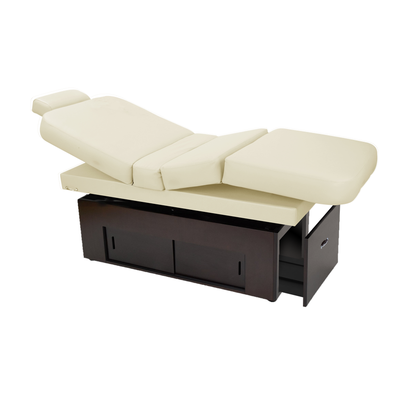 TouchAmerica SANYA POWERTILT cream massage table with dark wood base and storage drawers.