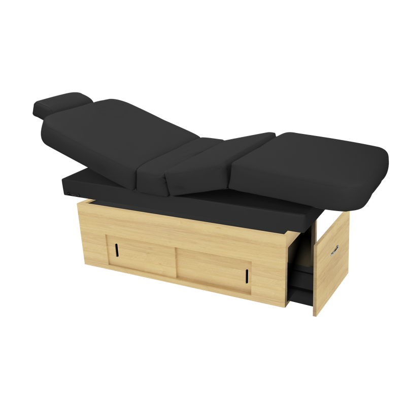 TouchAmerica SANYA POWERTILT massage table with padded black top, wood base & storage.