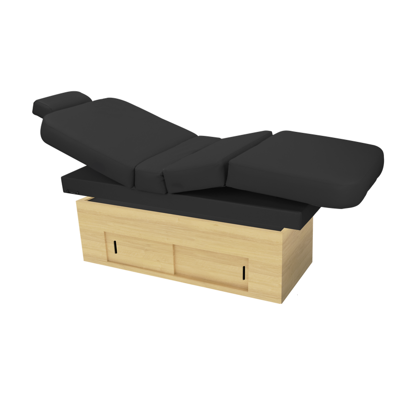 TouchAmerica SANYA POWERTILT black cushioned massage table with wood base, multi-position sections.