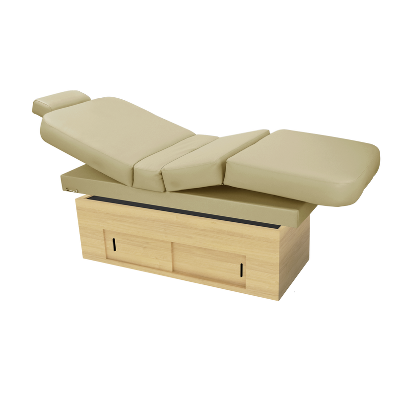 TouchAmerica SANYA POWERTILT beige massage table with wood base and adjustable cushioning.