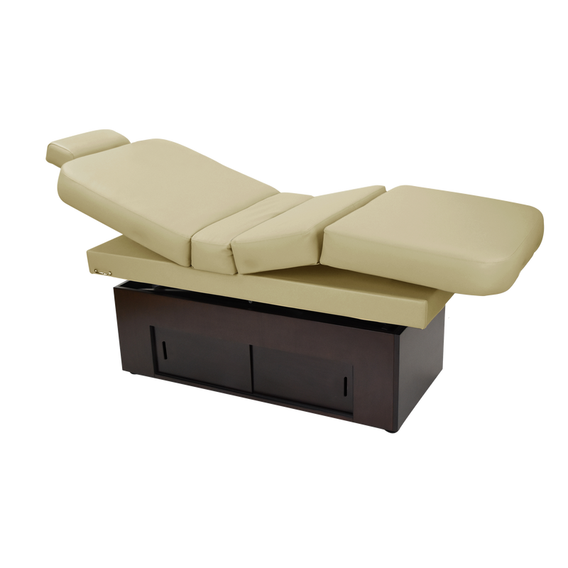 TouchAmerica SANYA POWERTILT beige massage table with wood base, ideal for spa treatments.