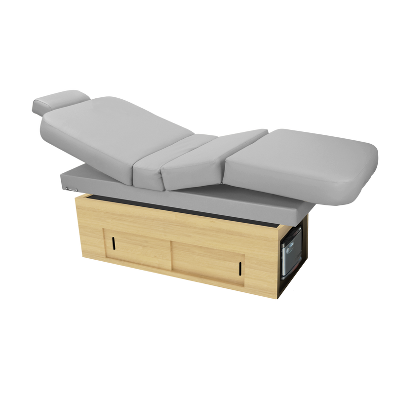 TouchAmerica SANYA POWERTILT gray massage table with wooden base, perfect for spa treatments.
