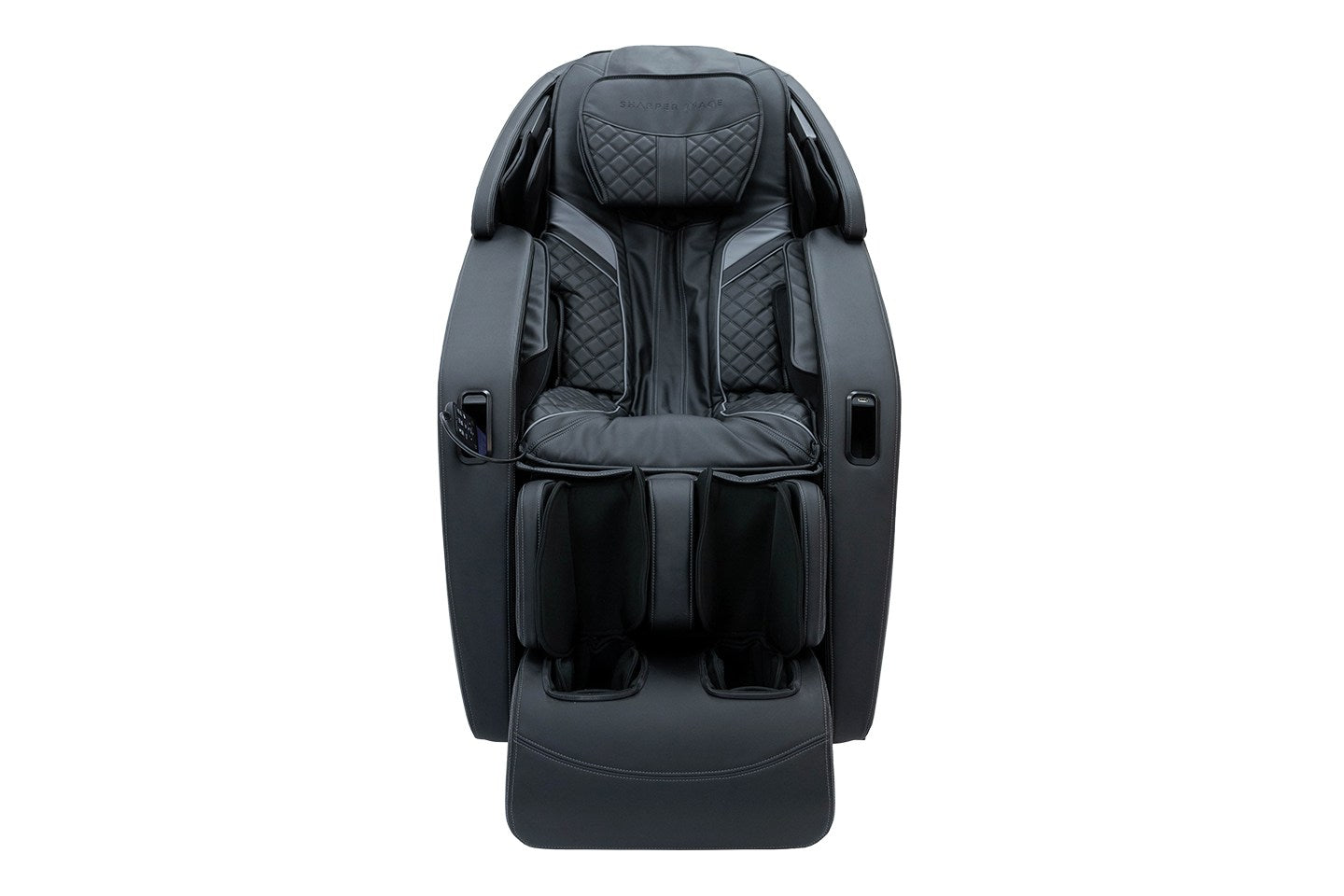 Sharper Image Axis 4D Massage Chair in black leather, front view, on a white background.