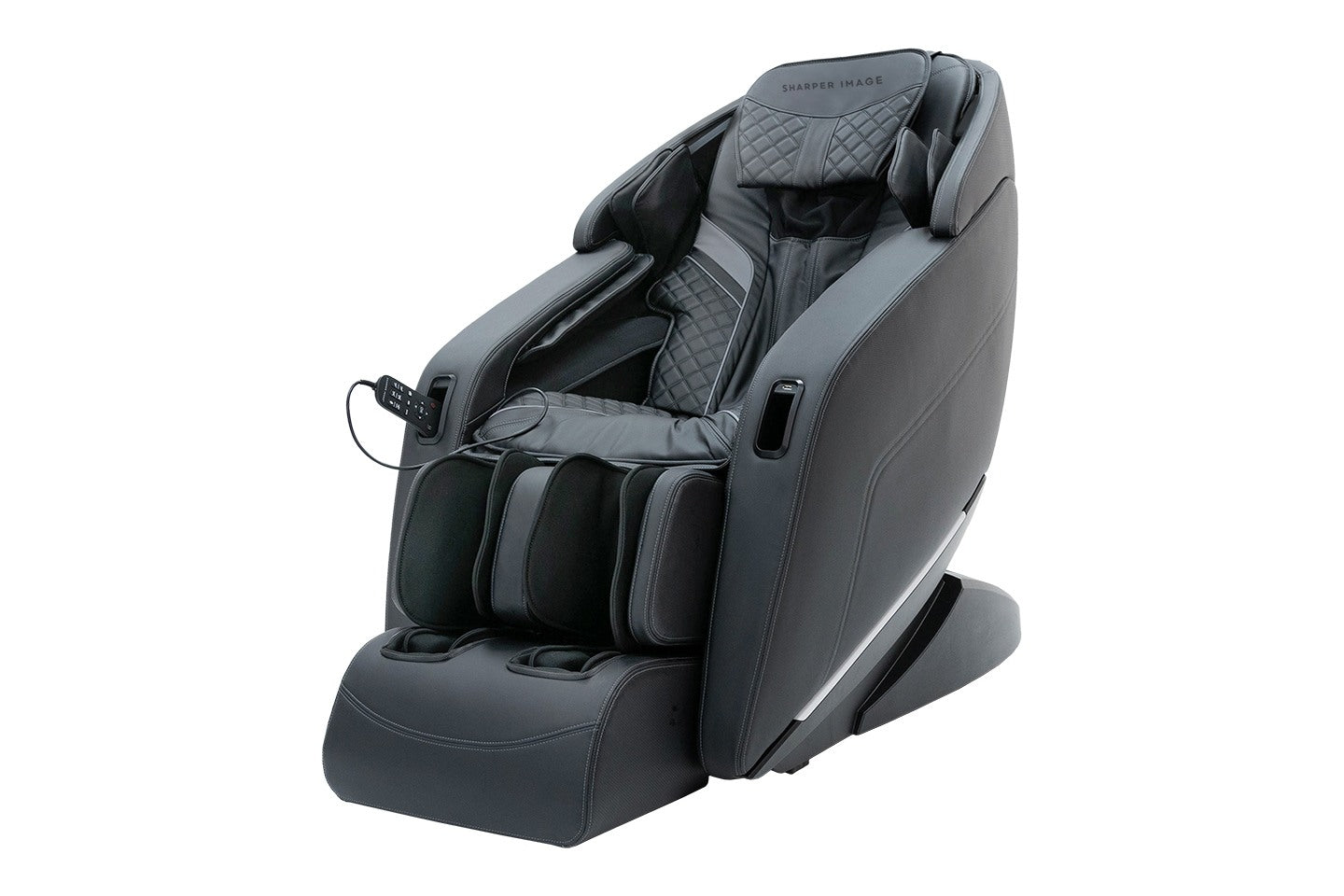 Sharper Image Axis 4D Massage Chair: black, with armrests, footrest, calf massage, handheld control.