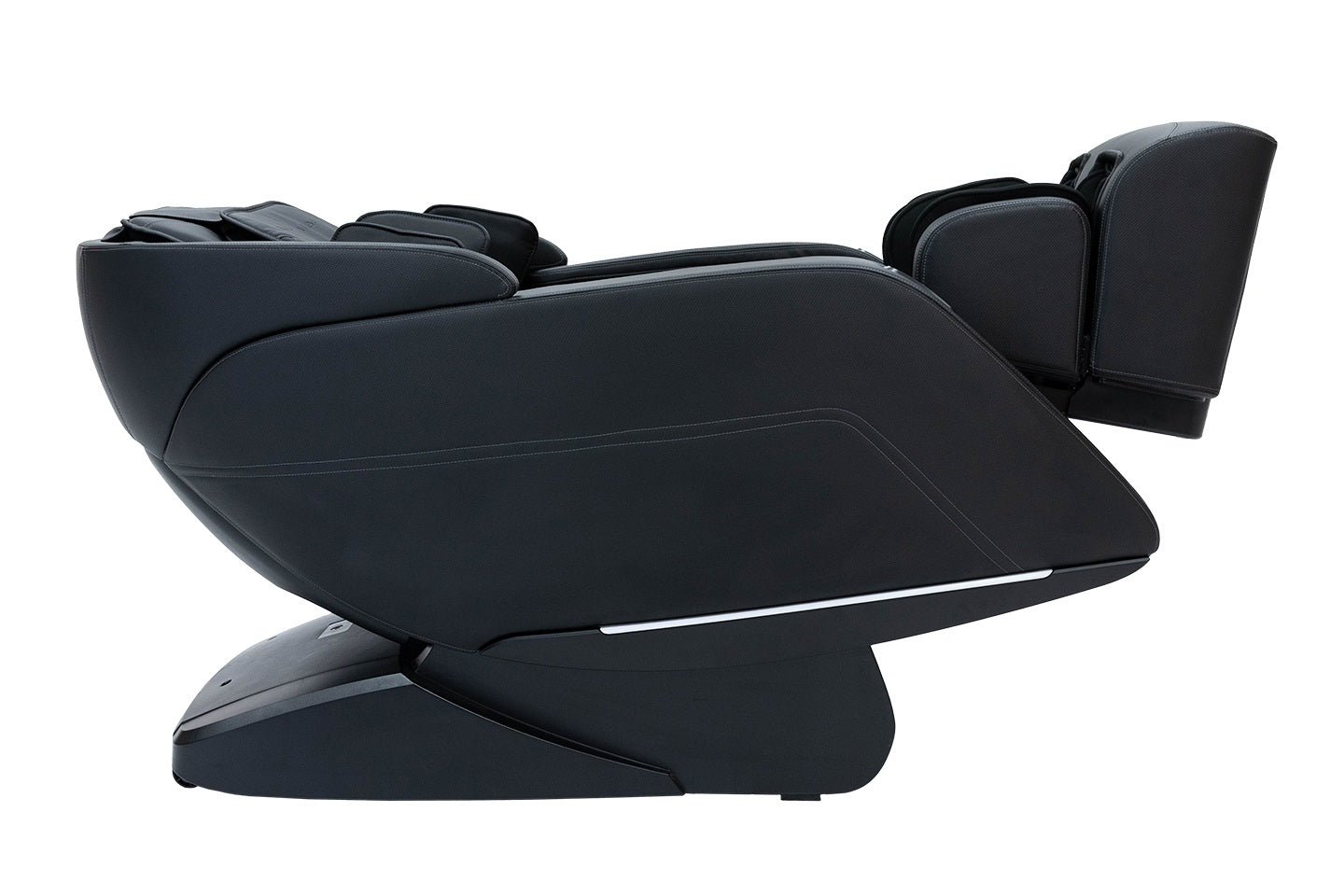 Side view of Sharper Image Axis 4D Massage Chair, black, reclined with calf massage.