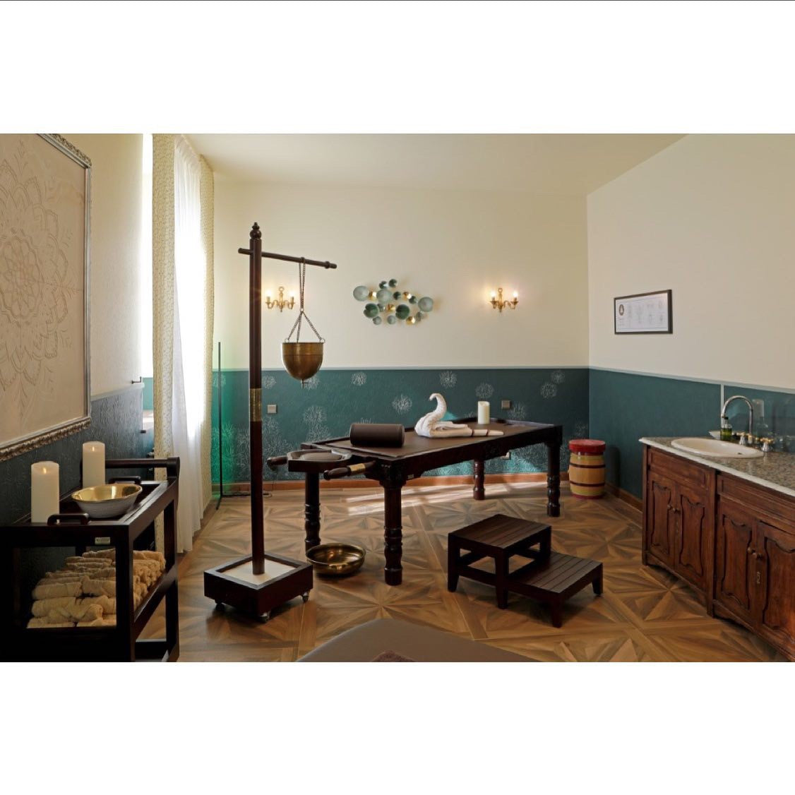 Traditional Chinese interior with wooden furniture and decor elements.