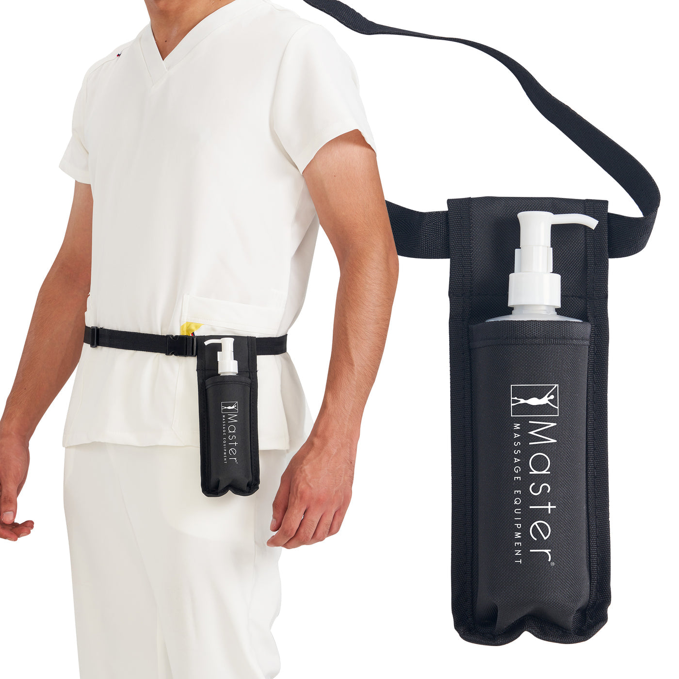 Person wearing a black massage oil holster on a white background
