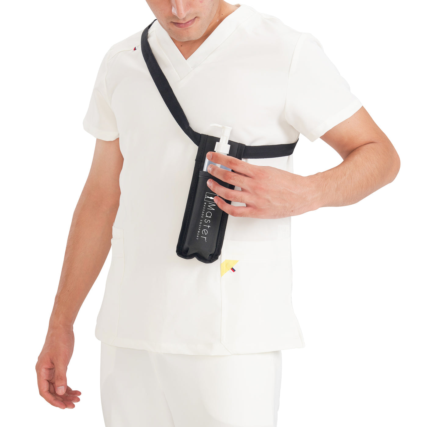 Person wearing a Master Massage Single Bottle Massage Oil Holster Case Bag