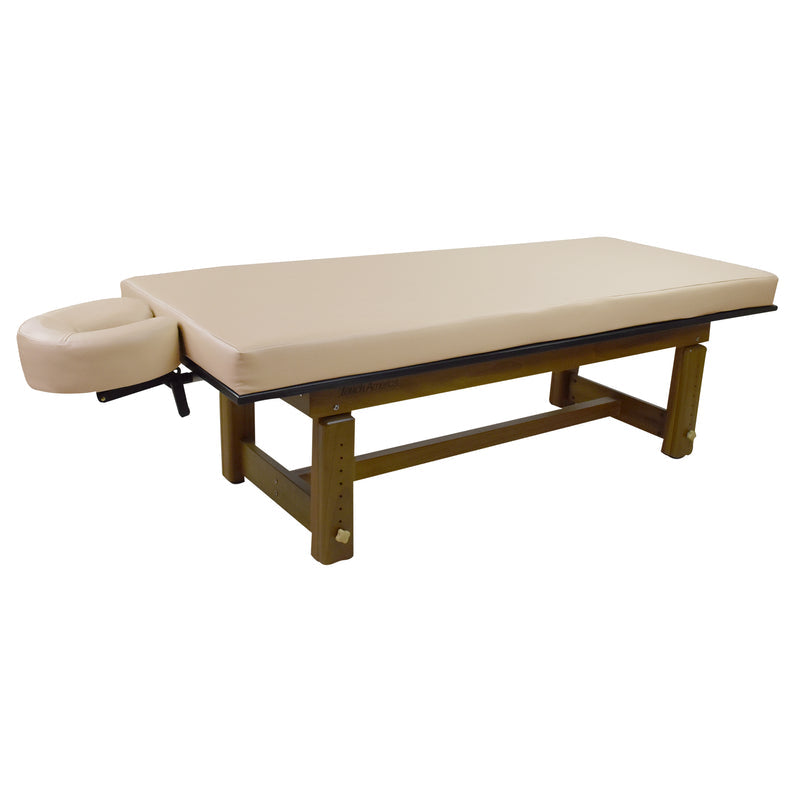 TouchAmerica SOLTERRA Teak Outdoor Treatment Table with adjustable headrest and sturdy frame.