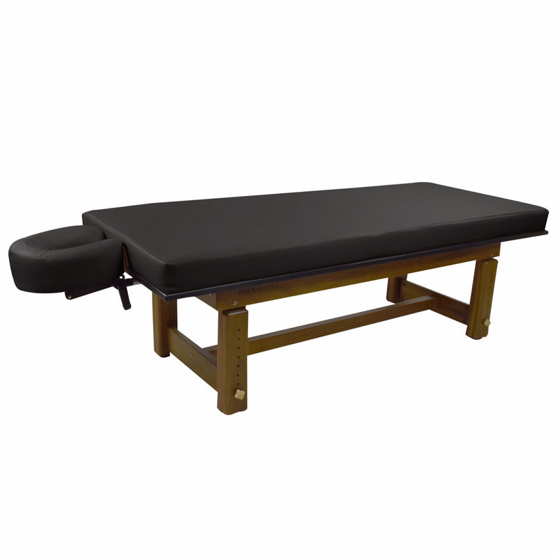 TouchAmerica SOLTERRA teak outdoor table with adjustable height and face cradle.