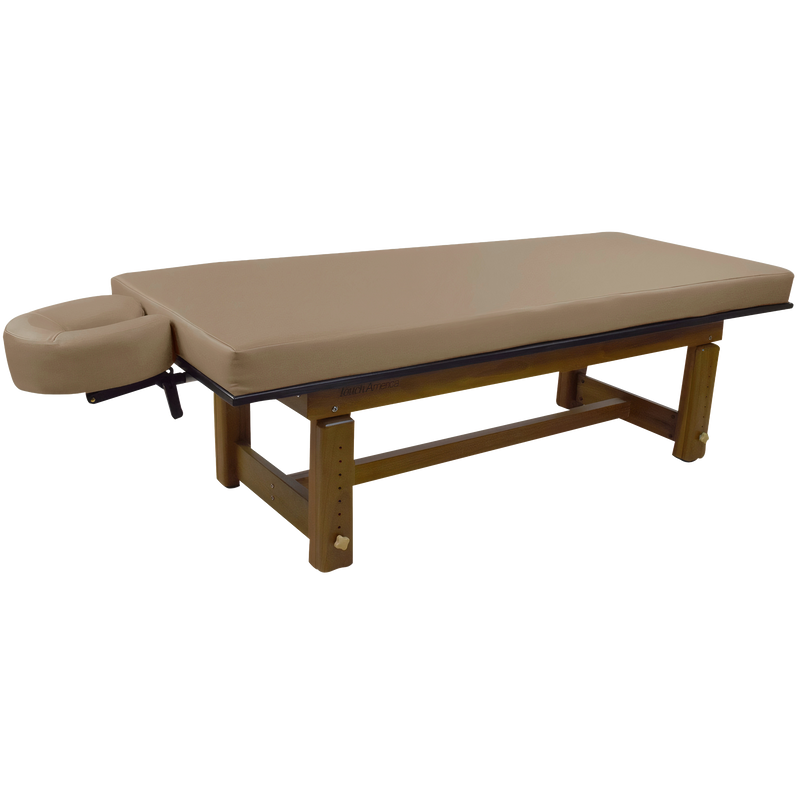 TouchAmerica SOLTERRA Teak Outdoor Treatment Table with face cradle, on a white background.