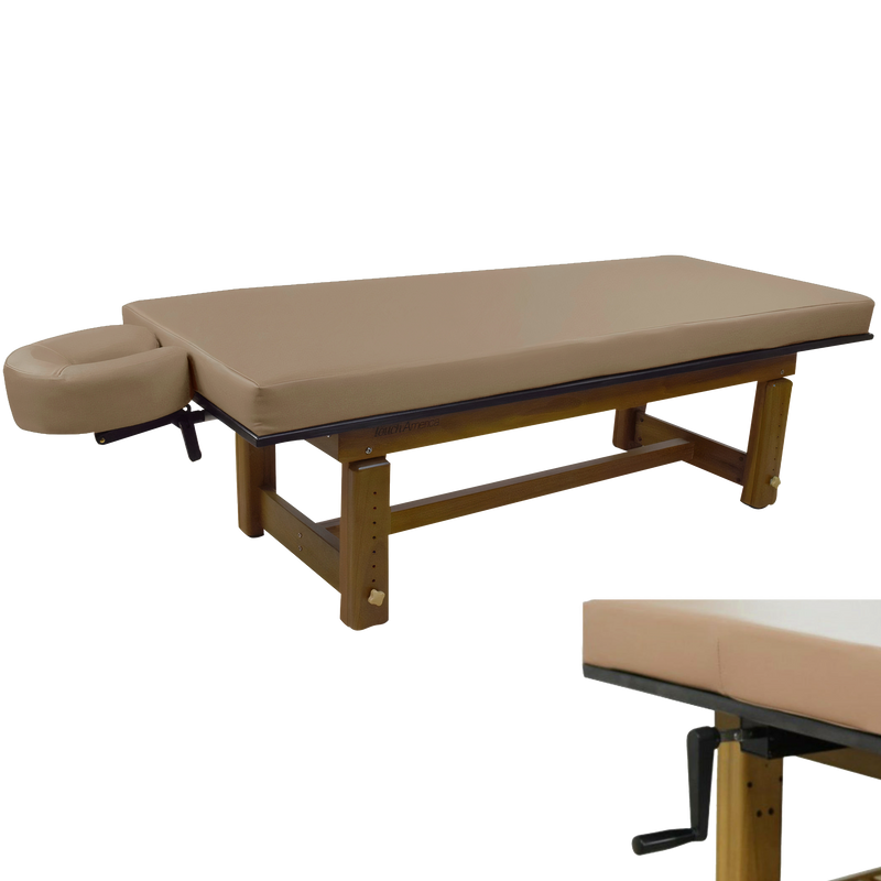 TouchAmerica SOLTERRA Teak Outdoor Treatment Table with adjustable height and face cradle.