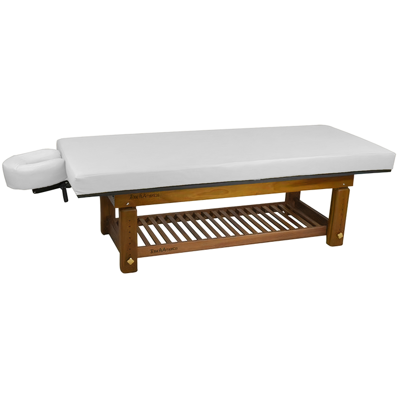 TouchAmerica SOLTERRA teak table with white cushion, face cradle, and slatted shelf.