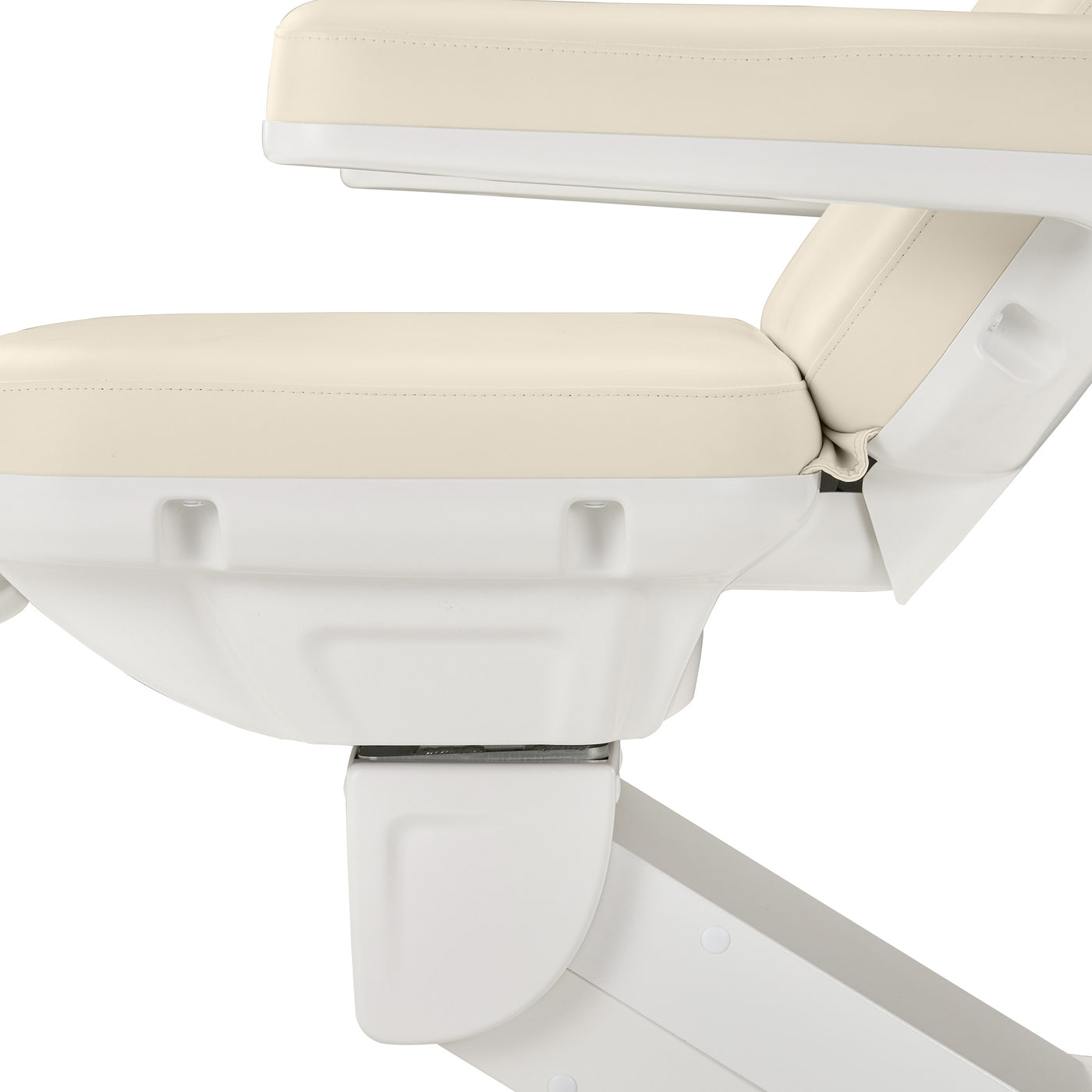 Side view of Master Massage Sonora Beauty Bed with adjustable padded white and beige cushions.