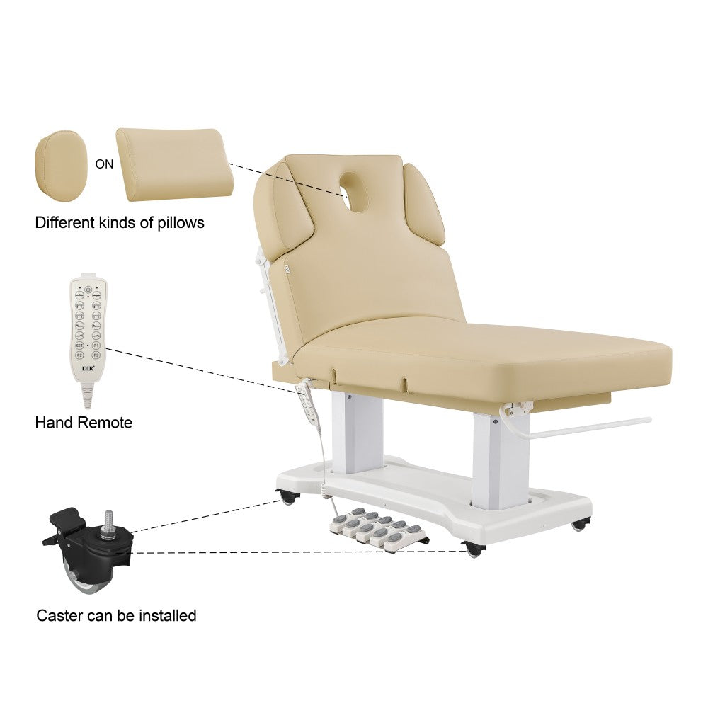 Beige massage table with attachments including pillows, a remote control, and a caster on a white background.