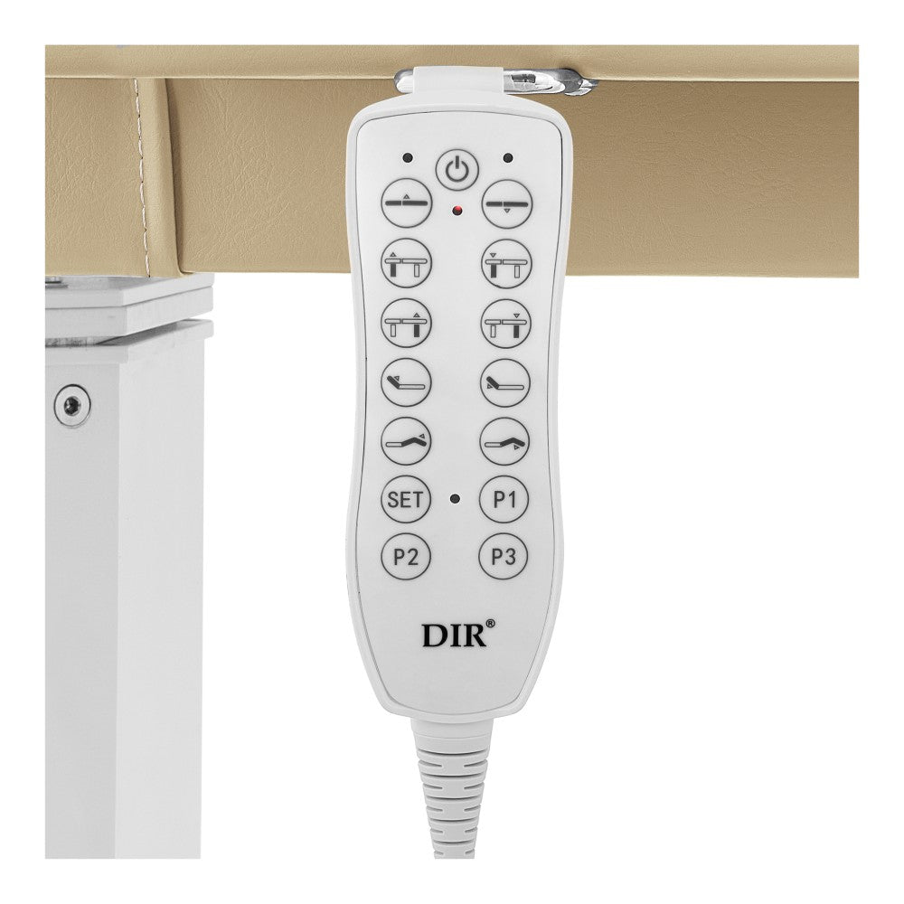 White DIR remote control with buttons on a beige background