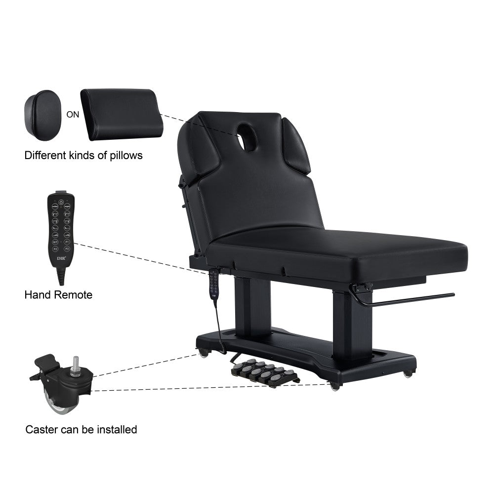 Black massage table with various attachments on a white background