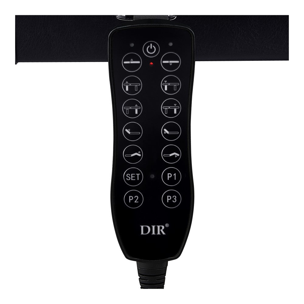 Black remote control with various buttons on a white background