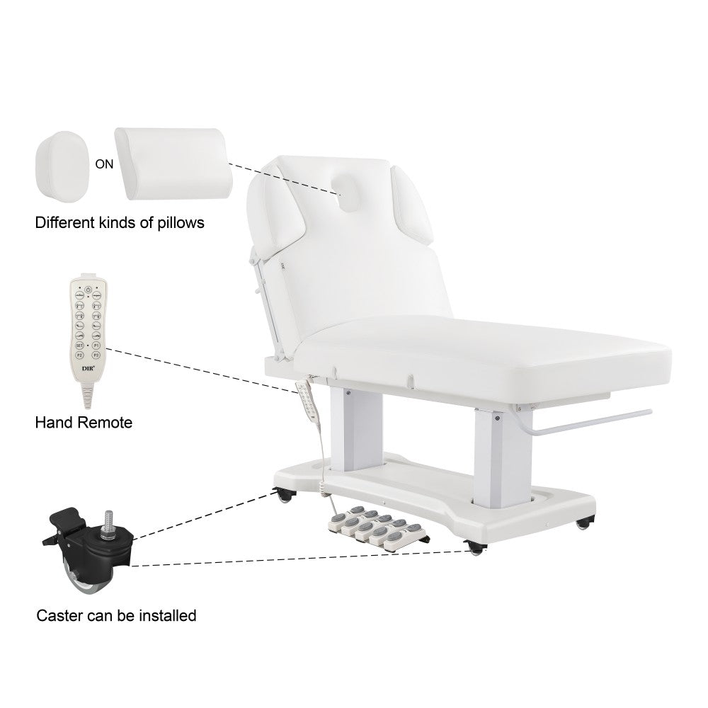 White medical examination table with various accessories labeled on a white background