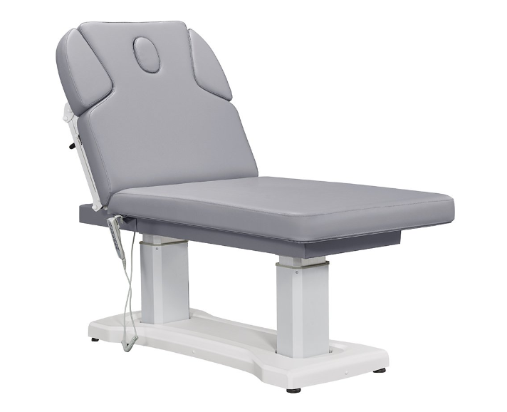 Tranquility 4 Motors Electric Spa Table by DIR with gray padding and white metal base.
