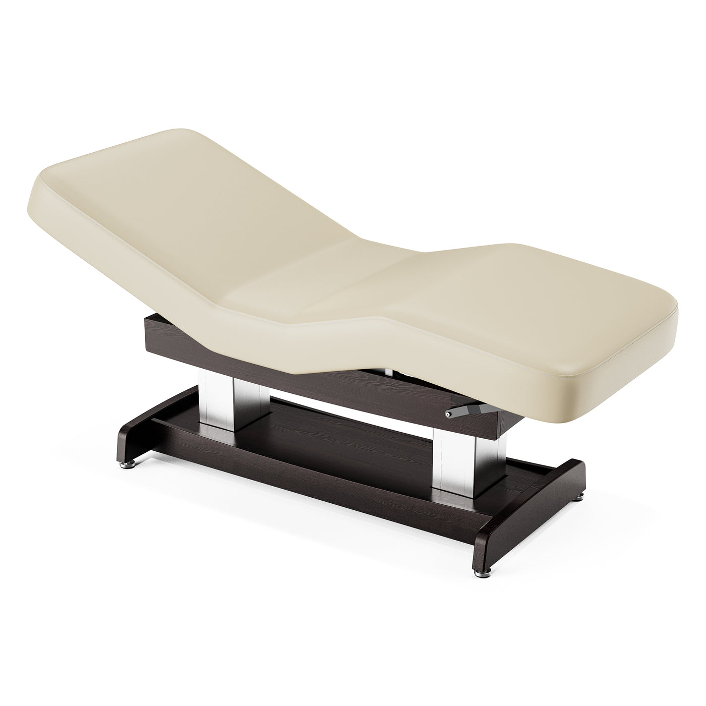 Beige massage table with dark wood base on a white background