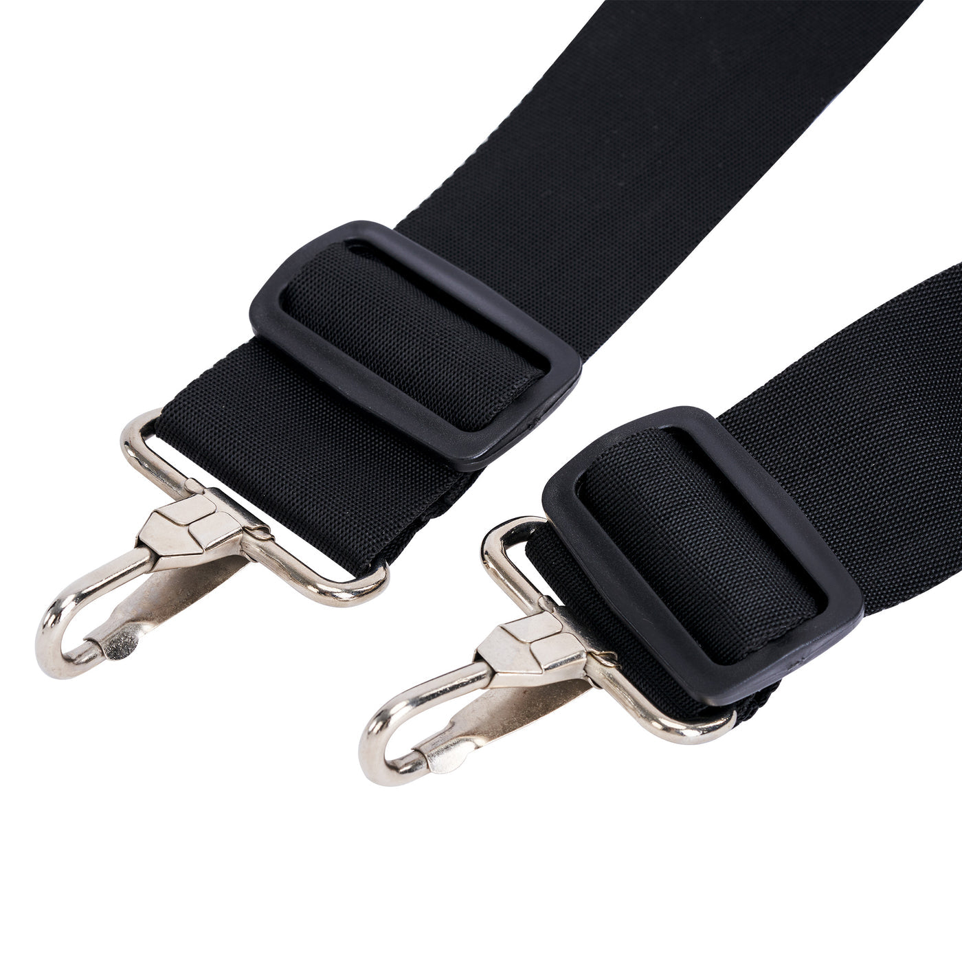 Two black straps with silver hooks on a white background