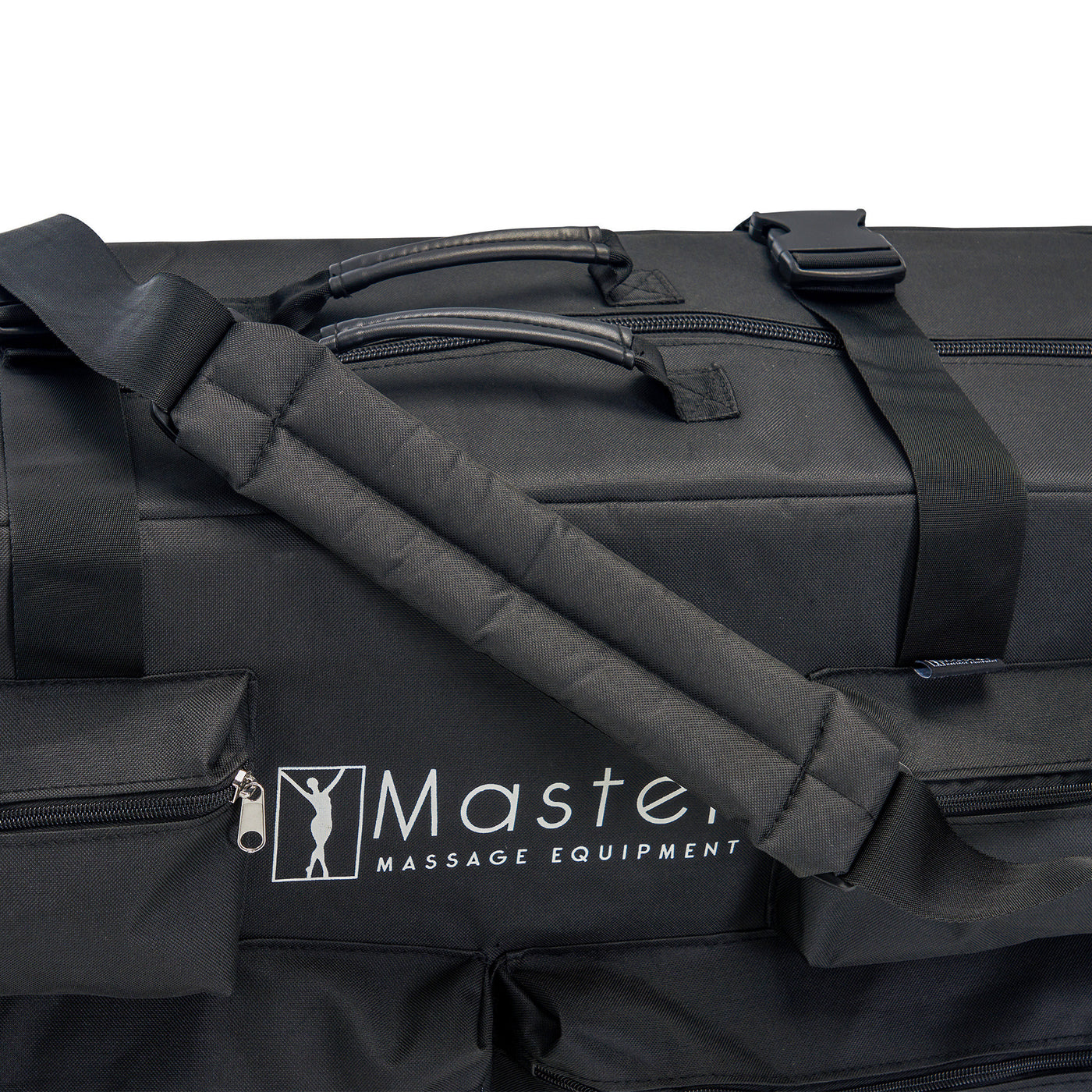 Black carry case with shoulder strap and Master Massage Equipment logo on a white background