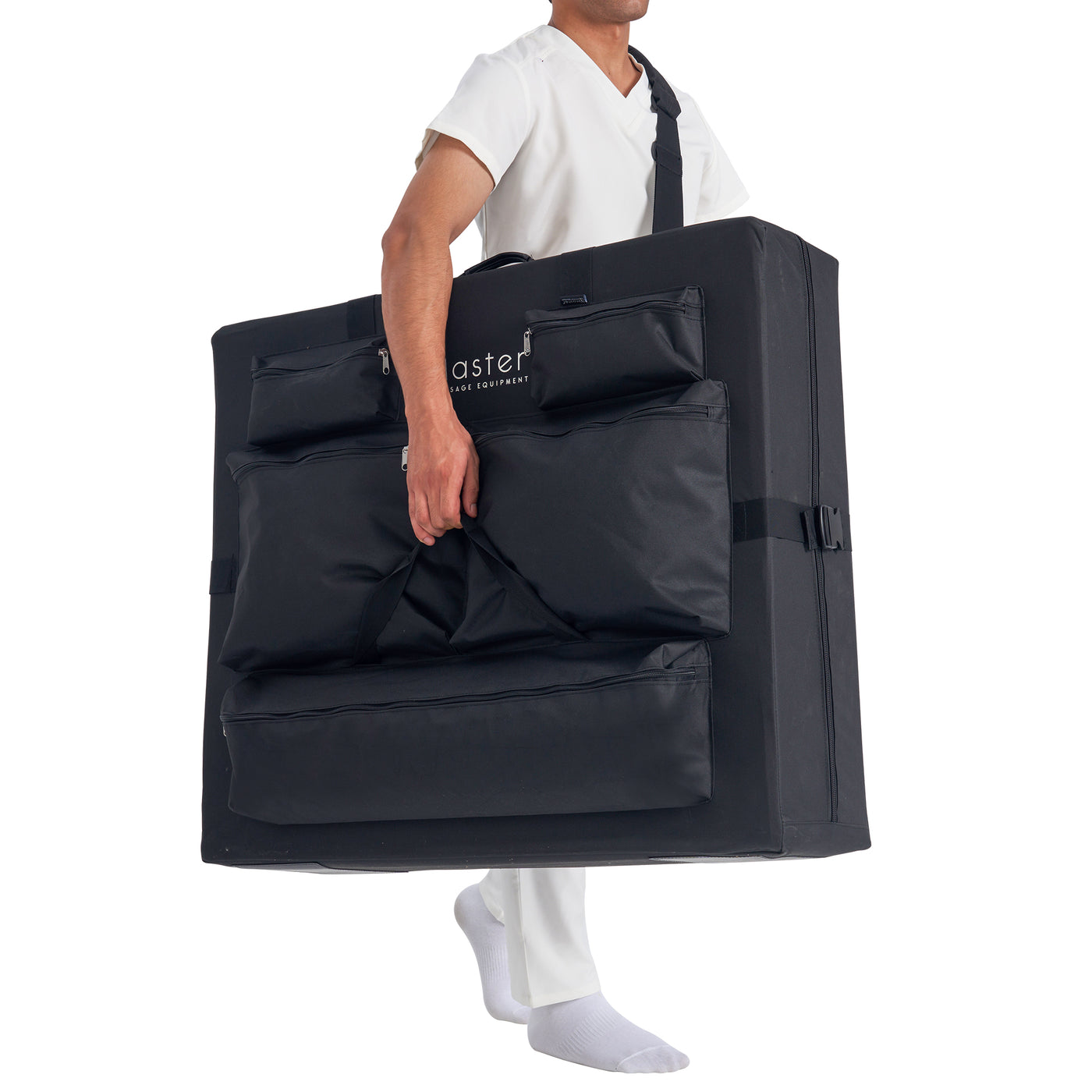 Person holding a carry case with 'Master' branding on a white background