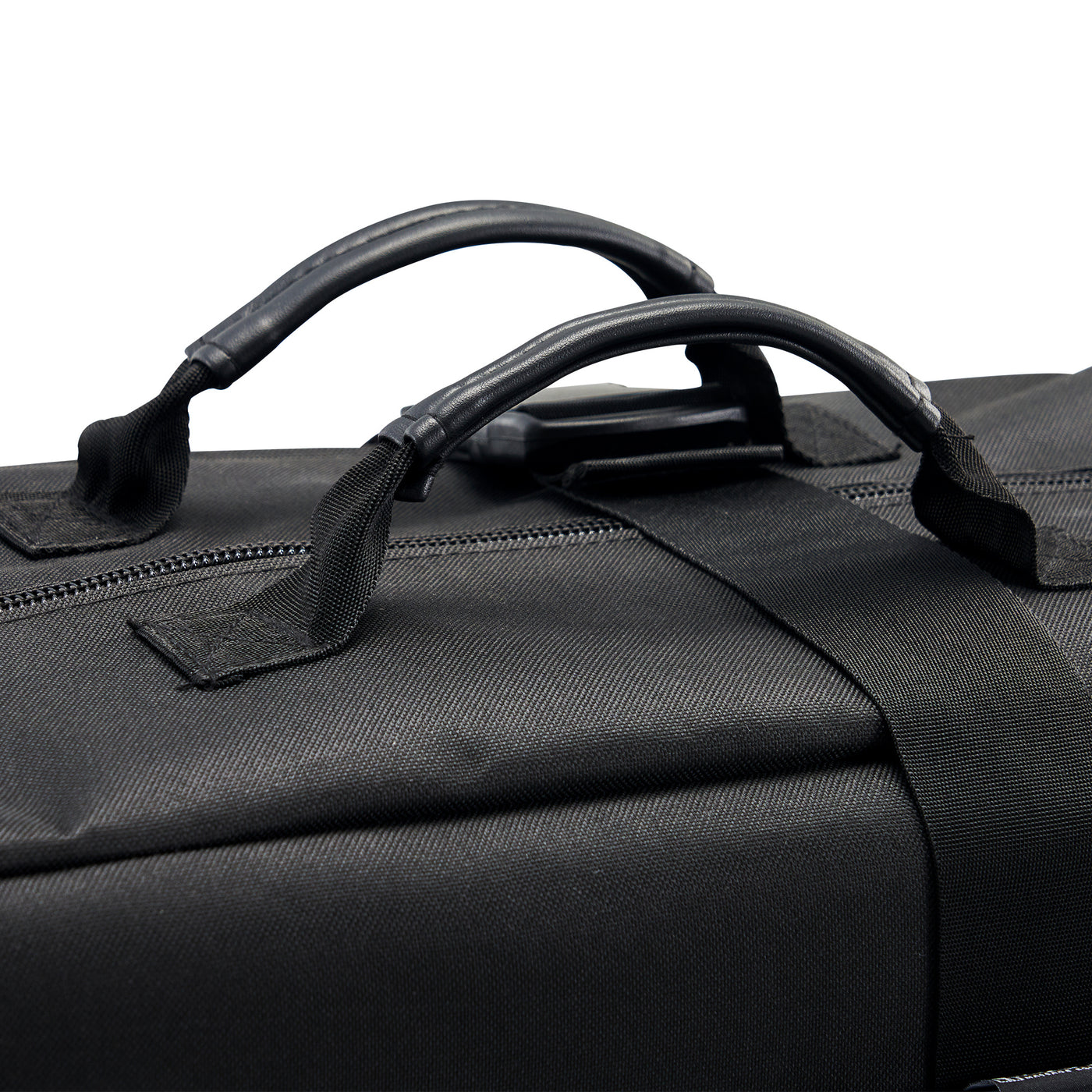 Close-up of a black carry case with handles on a white background