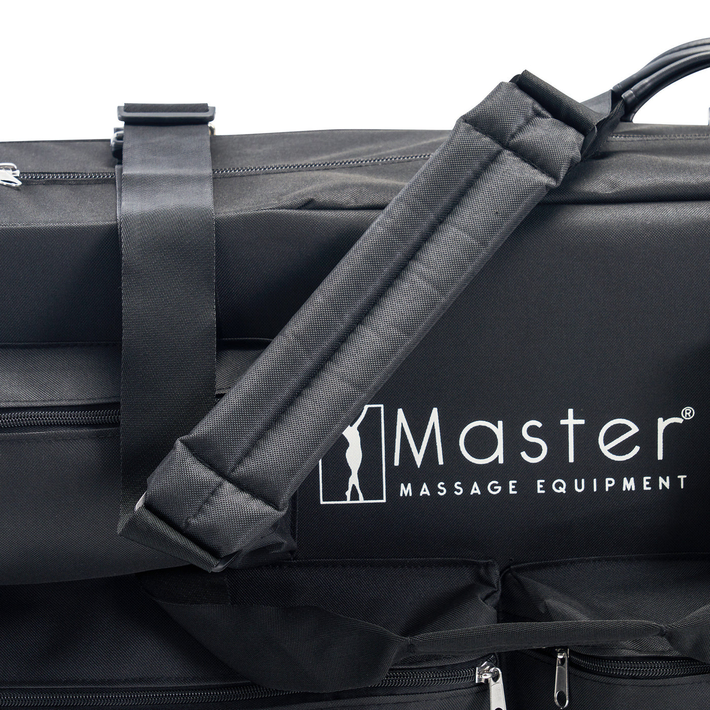 Black massage equipment bag with a strap and Master Massage Equipment logo.