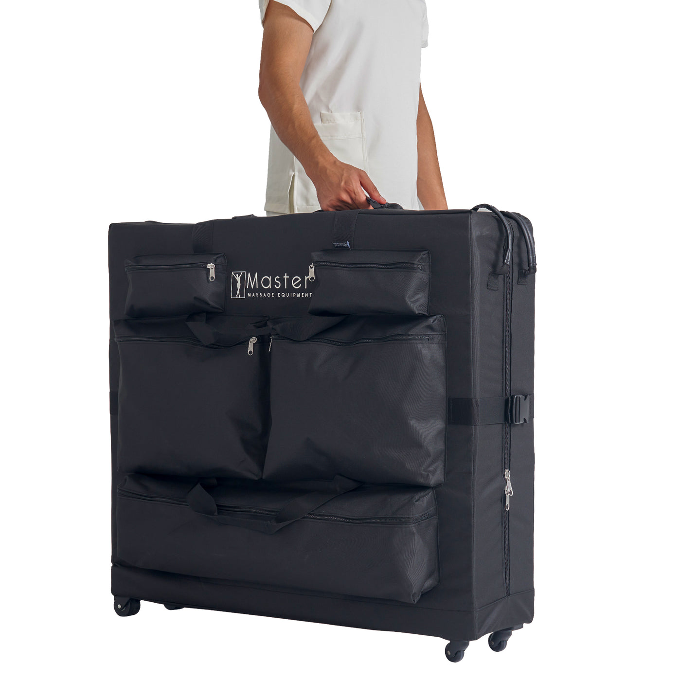 Black Master Massage Universal Massage Table Carrying Case with Wheels held by a person on a white background