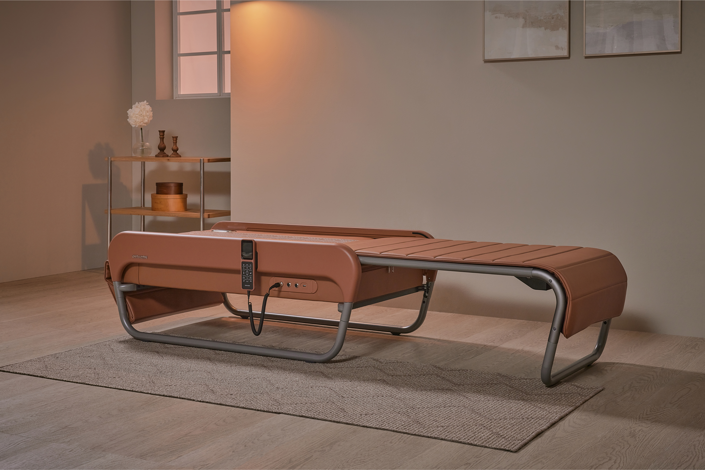 Brown Master V5 in a minimalistic room with a rug and small table.