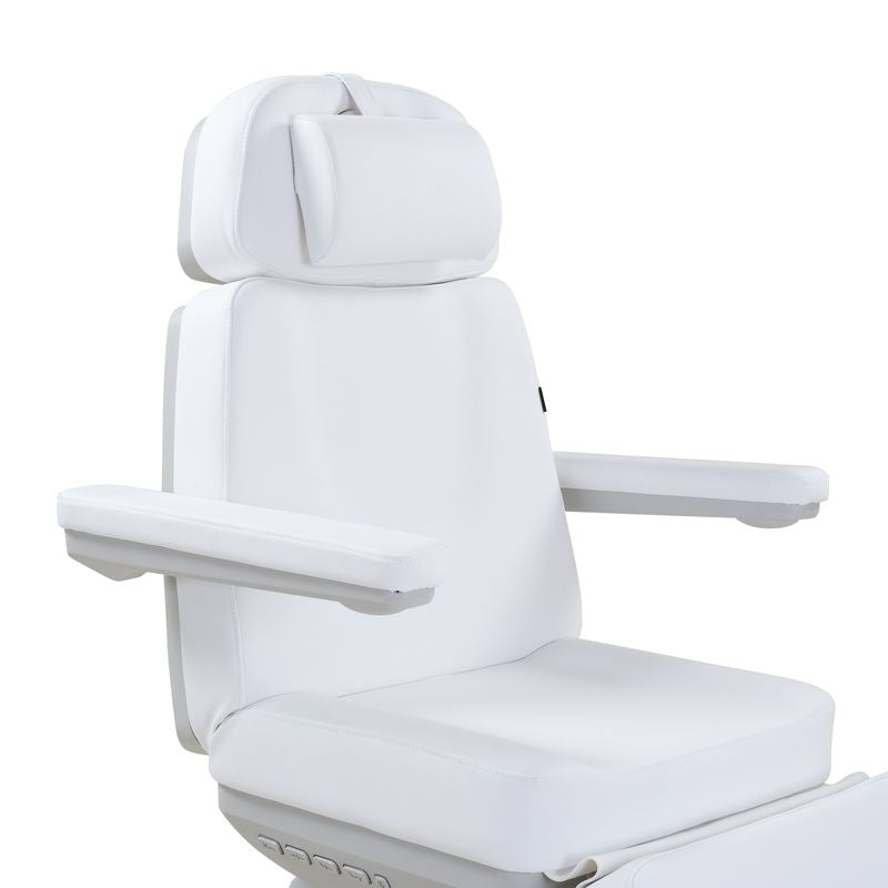White, padded Silverfox America 2246EBN electric massage chair with armrests and headrest.