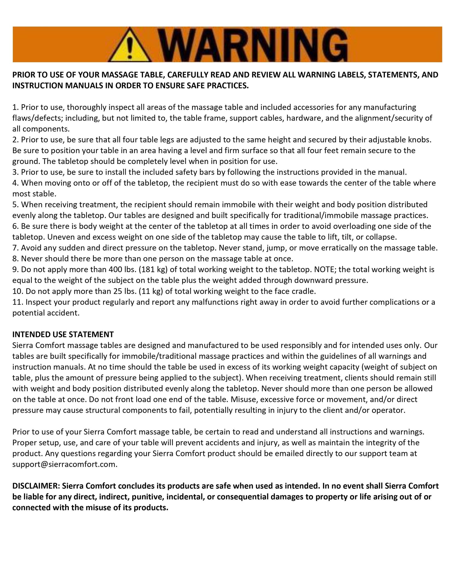 Warning label for massage table usage with safety precautions and intended use statement.
