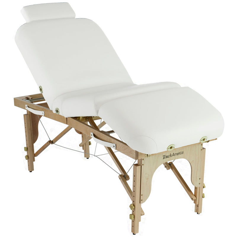 TouchAmerica Portable MULTIPRO Massage Table: adjustable, foldable, padded with wooden legs.